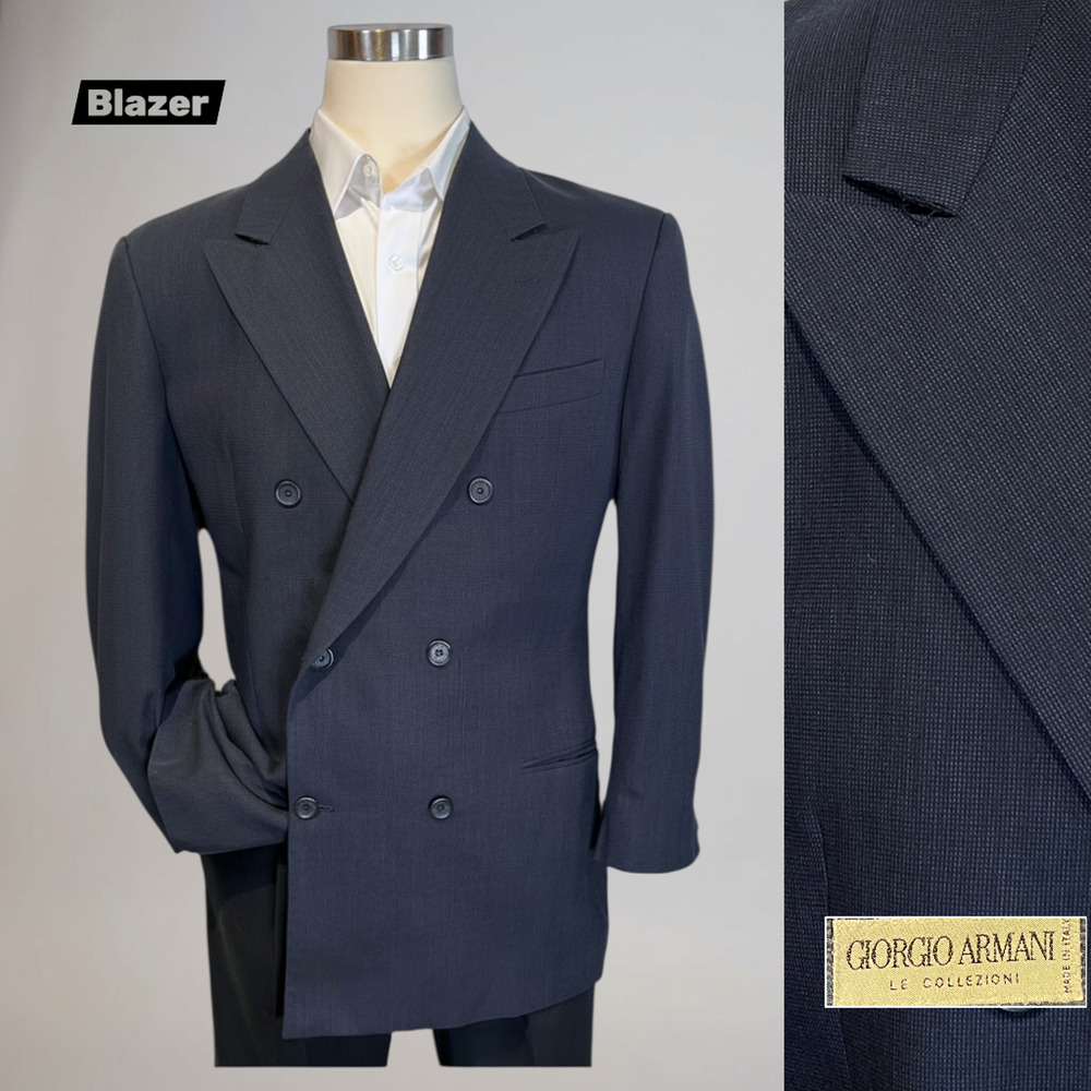 FLAWS Vtg Giorgio Armani 43-44R Navy Blue Birdseye Double Breasted Power Blazer